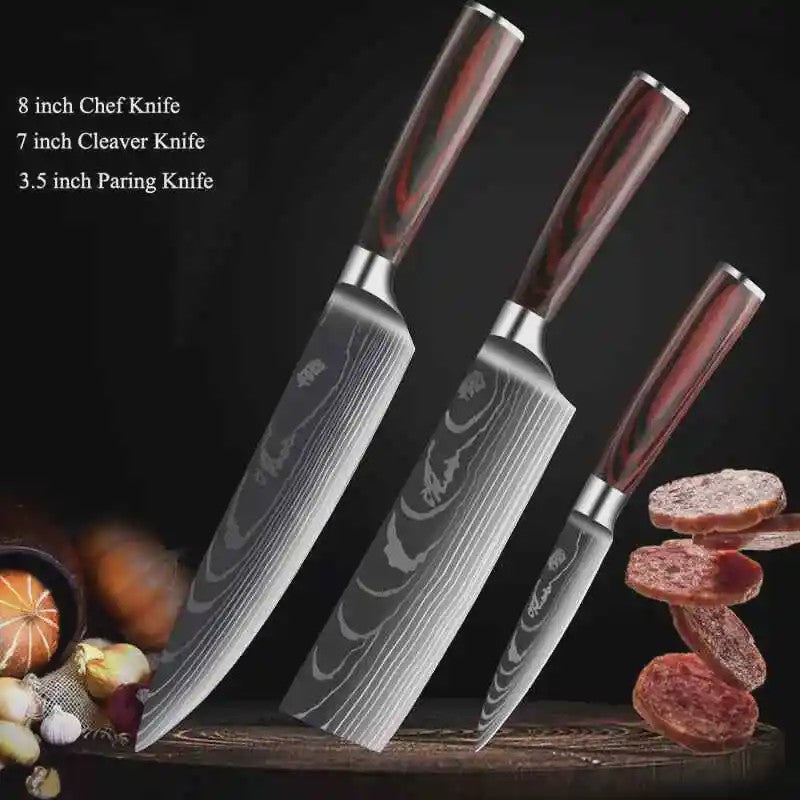 3-delige Keukenmes Set - Damascus Patroon - Hoog Koolstof RVS