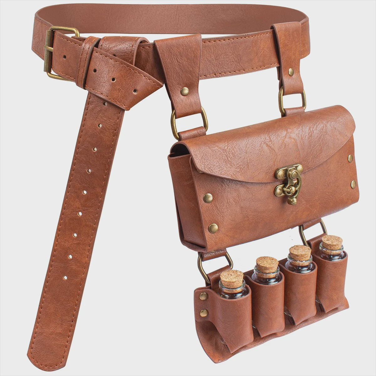 Middeleeuwse Lederen Riem met Flesjeshouder en Portemonnee - Cosplay & LARP Accessoire