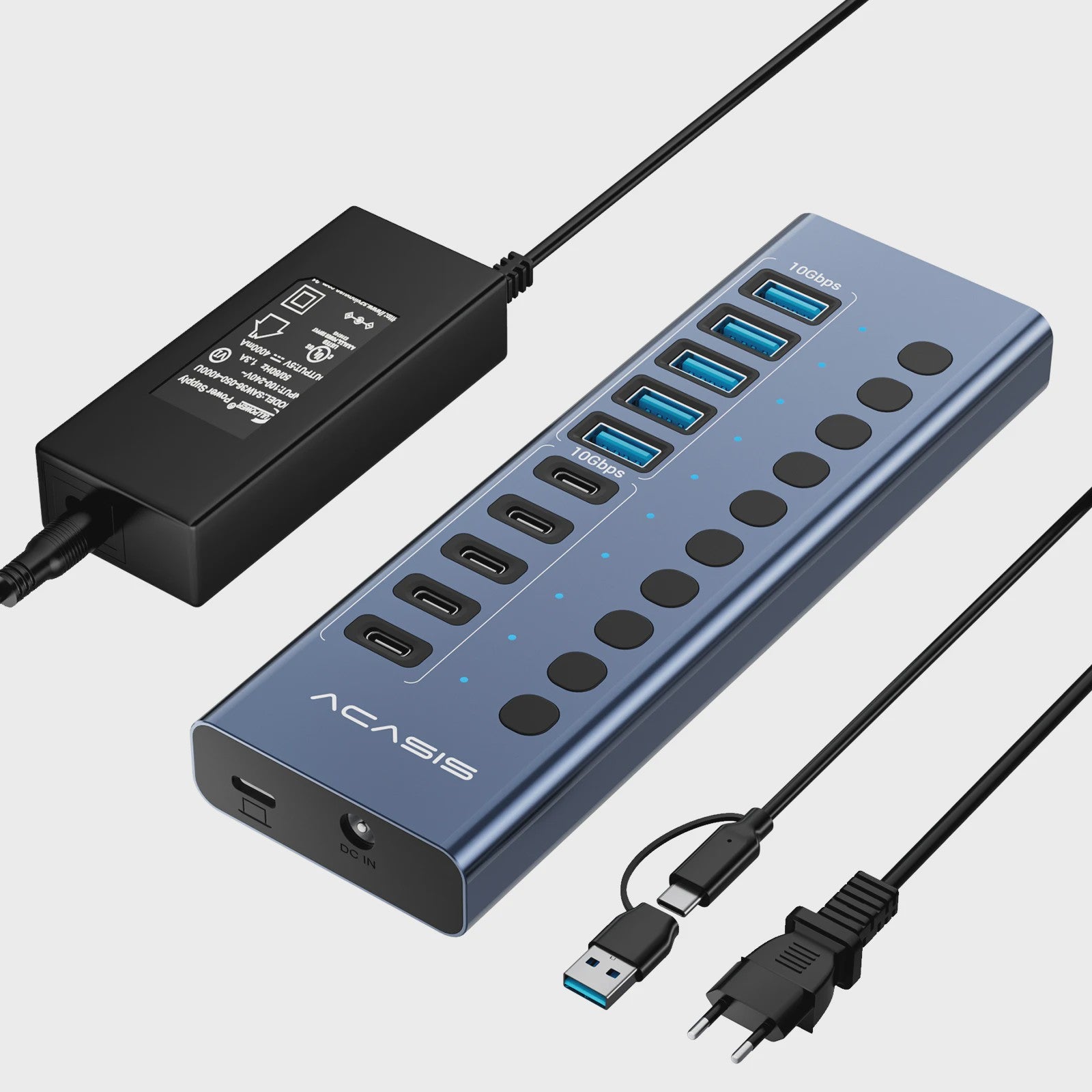 Acasis 16-Poorts USB Hub 10Gbps met Individuele Schakelaars & Snelle Data Transfer