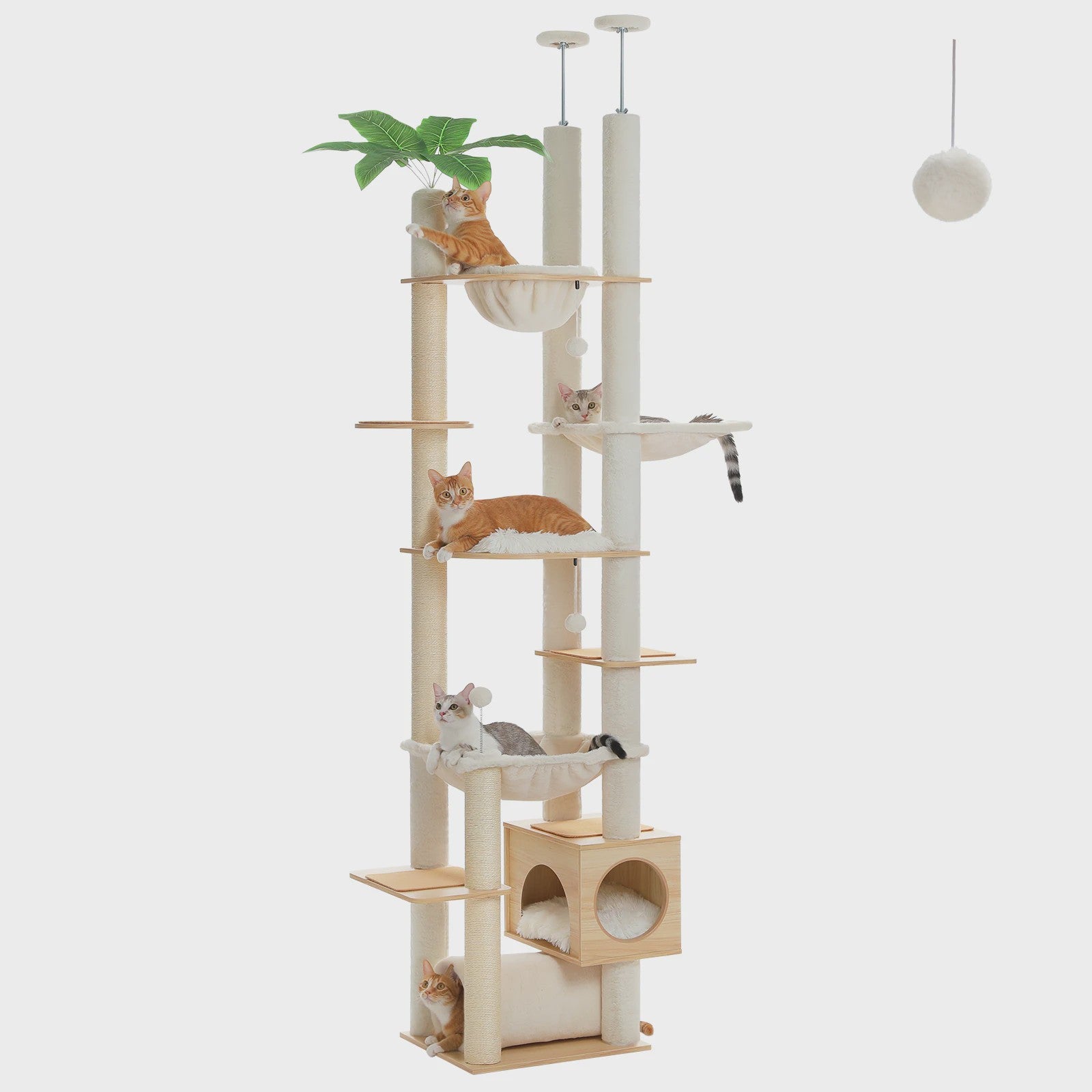 Verstelbare Kattenboom met Grote Hangmat, Krabpalen & Kattenhuis - Vloer tot Plafond