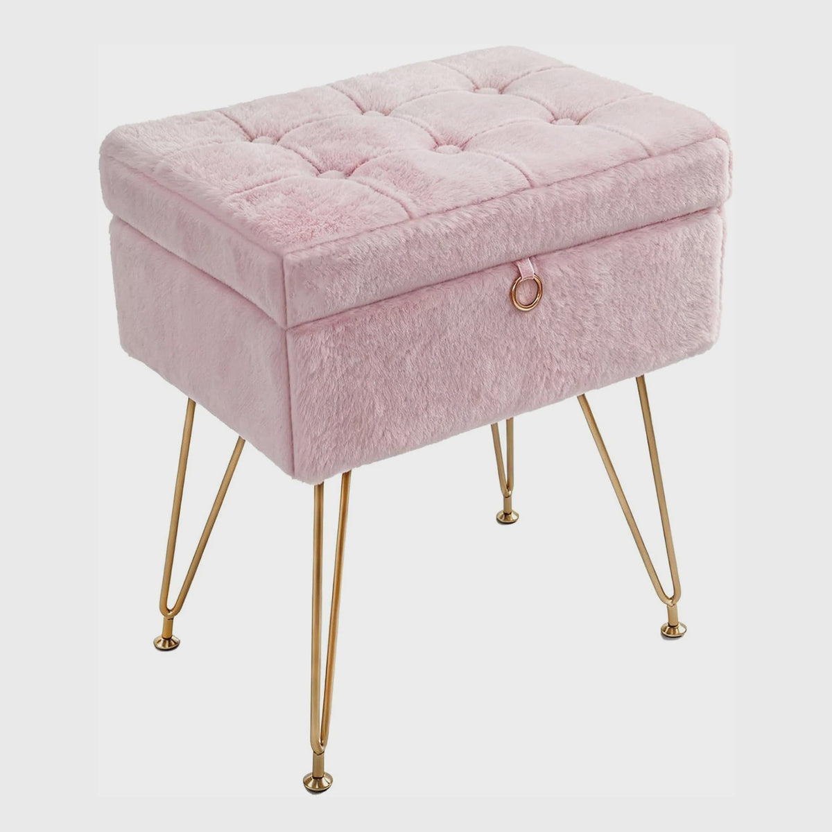 Luxe Fauteuil Poef met Opbergruimte & Pluche Zitting - Goudkleurige Poten