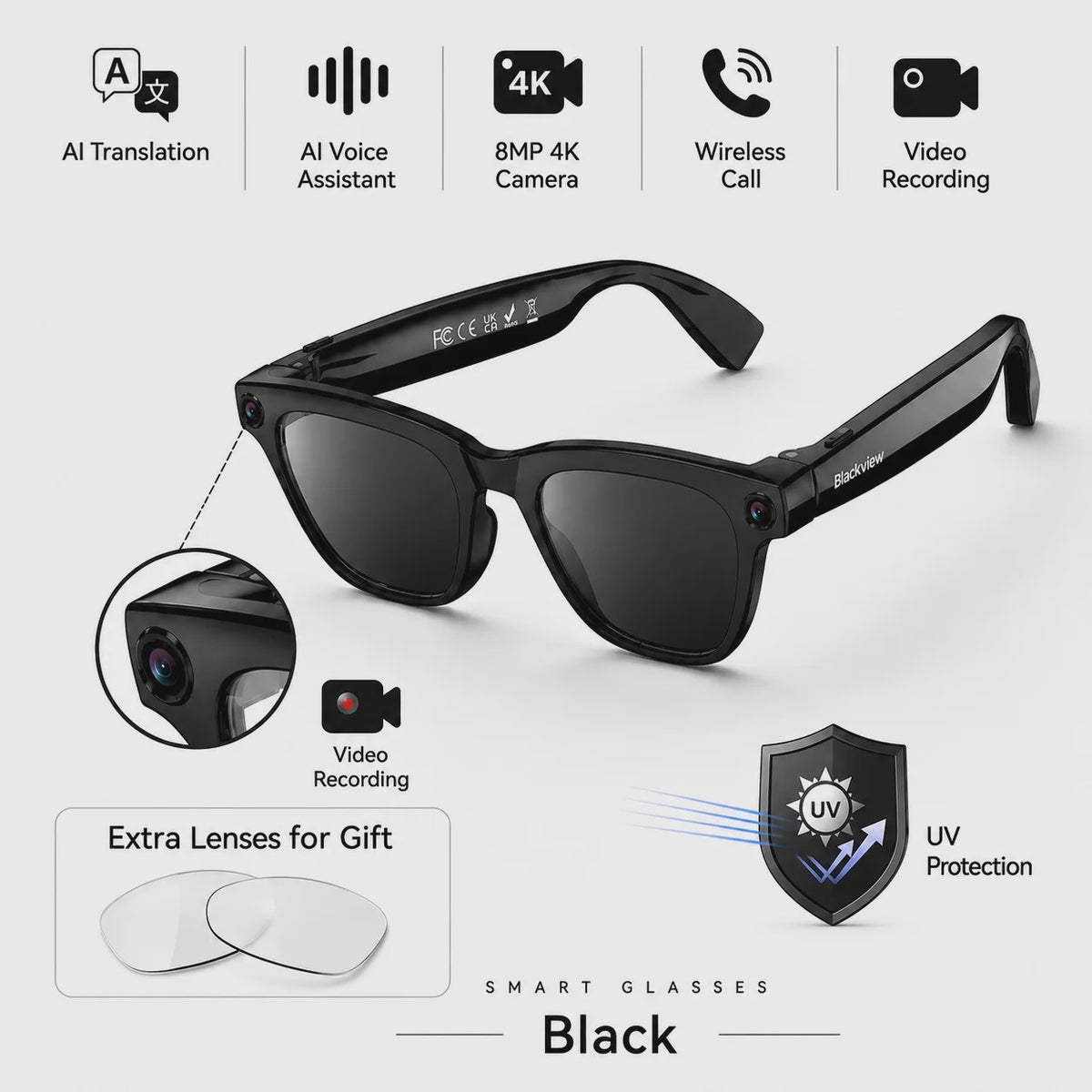 Blackview BV300 AI Smart Bril: 4K Video, 8MP Camera, Vertaling & Bellen