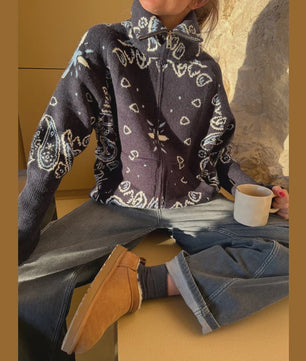 Gebreide Dames Cardigan met Patchwork Print, V-hals en Franjes - Stijlvolle Herfstjas