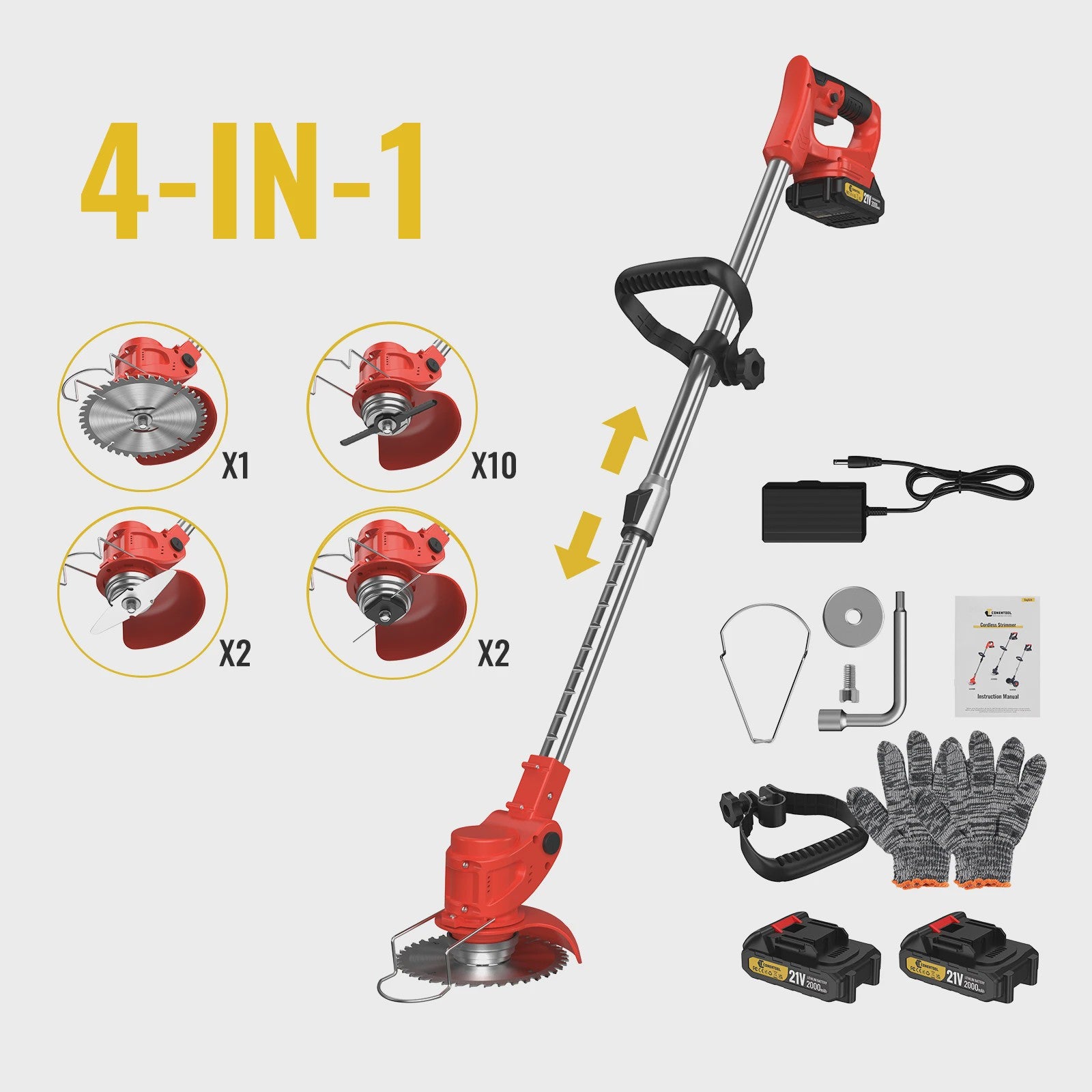 Accu Grastrimmer CONENTOOL 21V - 1500W Krachtige Bosmaaier met Telescoopsteel & 2 Batterijen