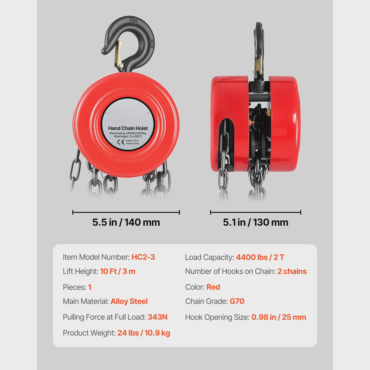 Handkettingtakel 1T/2T - Robuuste Handlier met 2.5/3/6m Hefhoogte voor Garage & Werkplaats