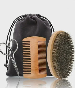 Professionele Baardborstel en Kam Set met Gift Bag - Zacht Varkenshaar & Hout