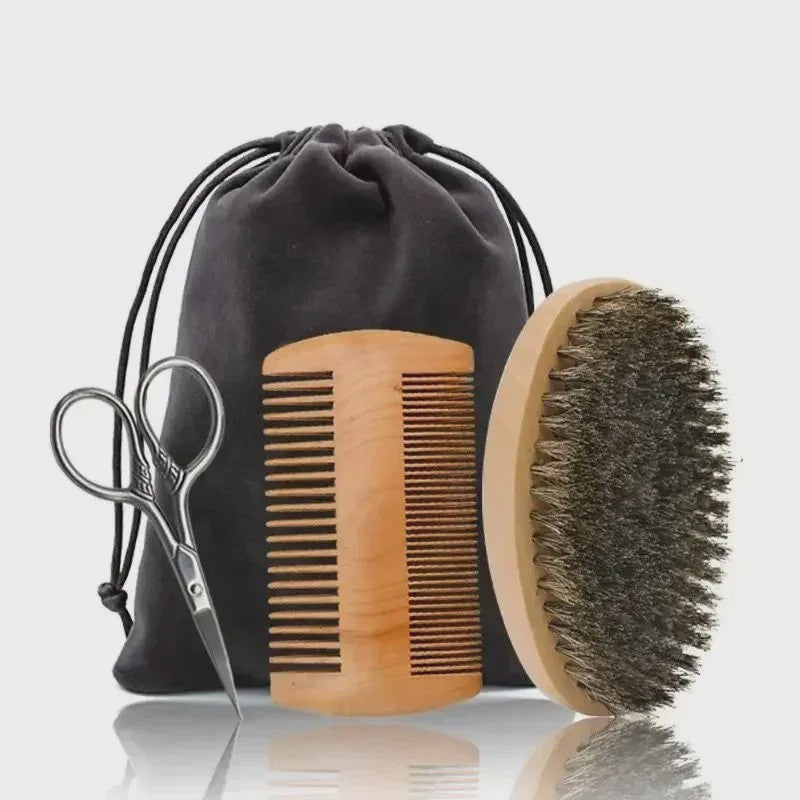 Professionele Baardborstel en Kam Set met Gift Bag - Zacht Varkenshaar & Hout