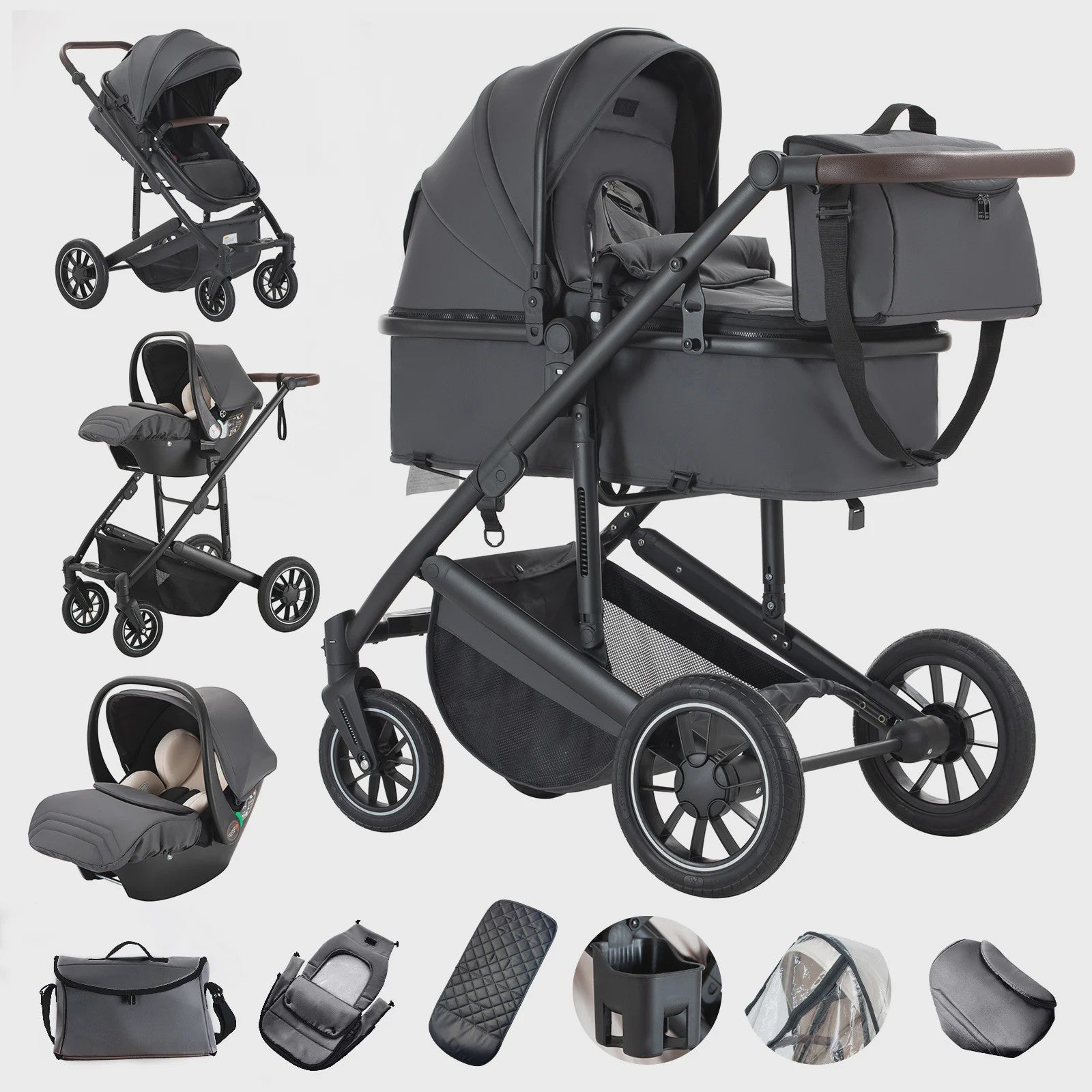 Luxe 3-in-1 Baby Kinderwagen: Hoge Landingsbaan Aluminium Frame, Inklapbaar, Reiswieg & Autostoel