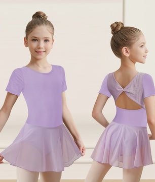 Girls Short Sleeve Ballet Leotard Girls Mesh Dance Leotard with Skirt  Kids Back Bow Knot Dancewear