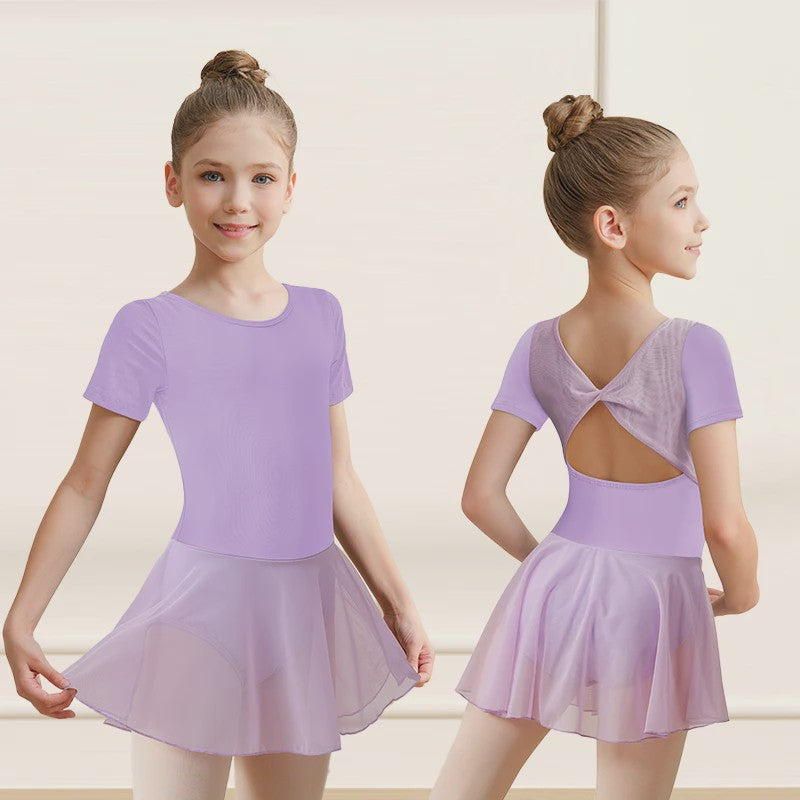 Girls Short Sleeve Ballet Leotard Girls Mesh Dance Leotard with Skirt  Kids Back Bow Knot Dancewear