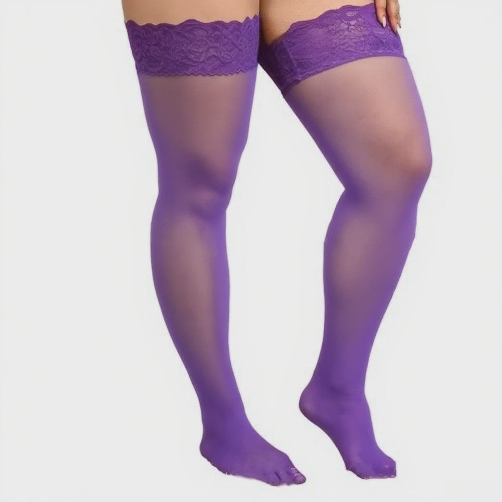 Ultra Dunne Kant Kousen tot Boven de Knie voor Plus Size Dames - Zwart & Wit