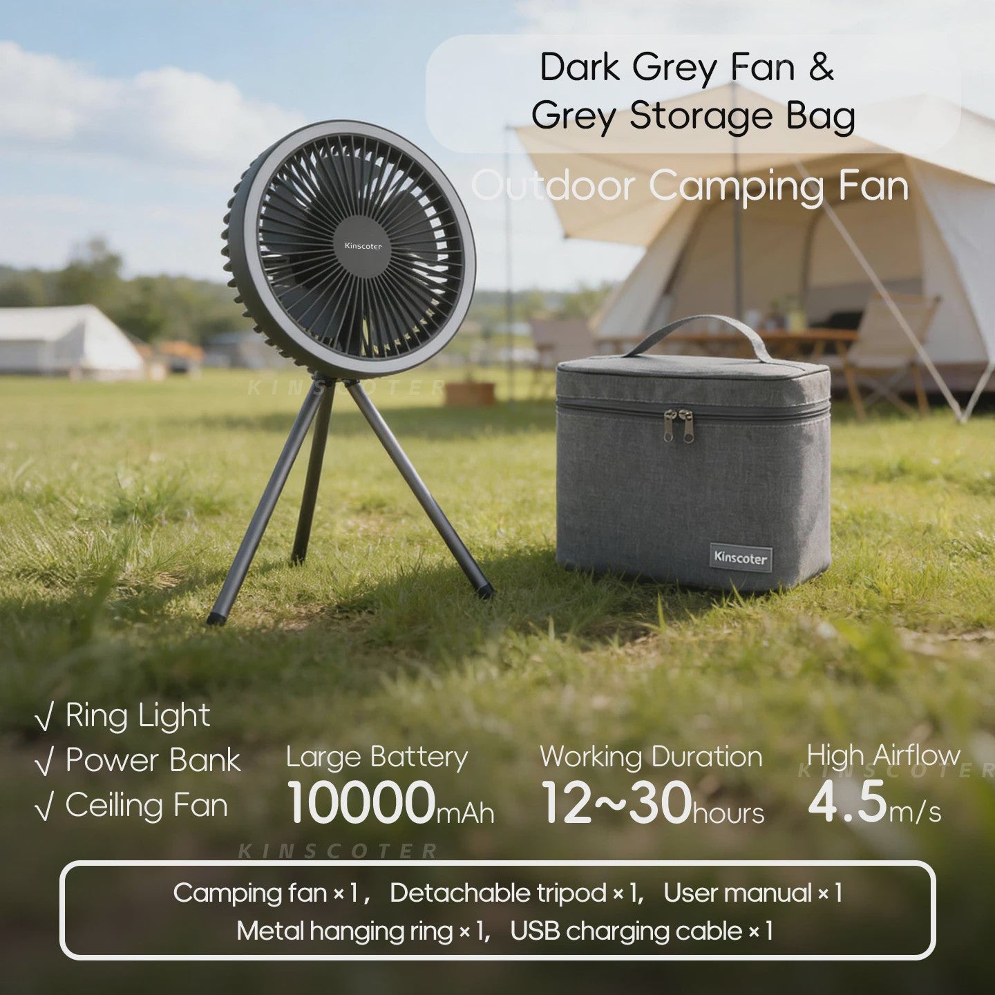 Draagbare Camping Ventilator met 10000mAh Batterij, LED Verlichting & Powerbank Functie
