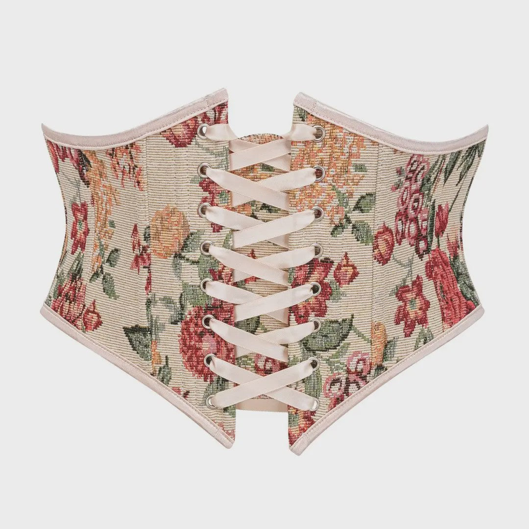 Bloemenprint Corset met Vetersluiting en Rits - Steampunk Gothic Stijl