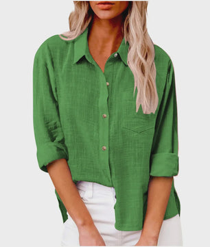 Dames Blouse met Lange Mouwen - Katoen Linnen Look