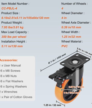 Set van 4 Zwenkwielen met Dubbel Rem & PVC Wielen - Diverse Maten