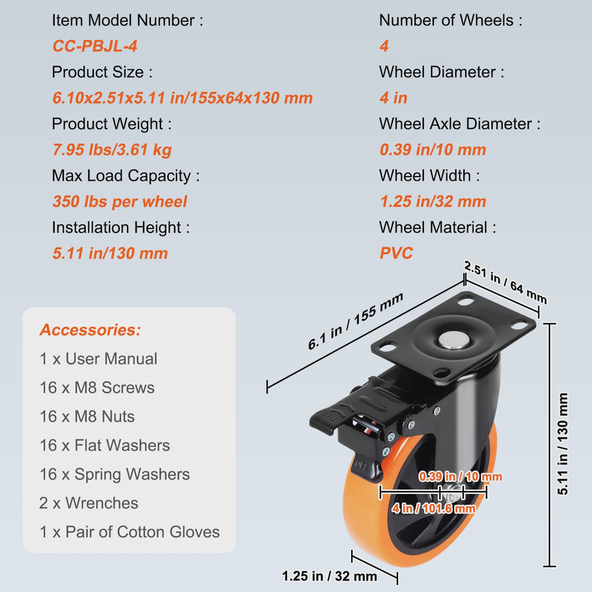 Set van 4 Zwenkwielen met Dubbel Rem & PVC Wielen - Diverse Maten