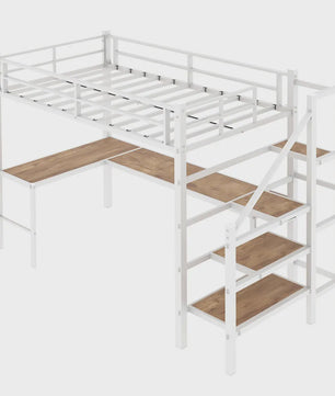 Ruimtebesparend 90x190cm Hoogslaper met L-vormig Bureau, Trap, Opslag & Veiligheidshek