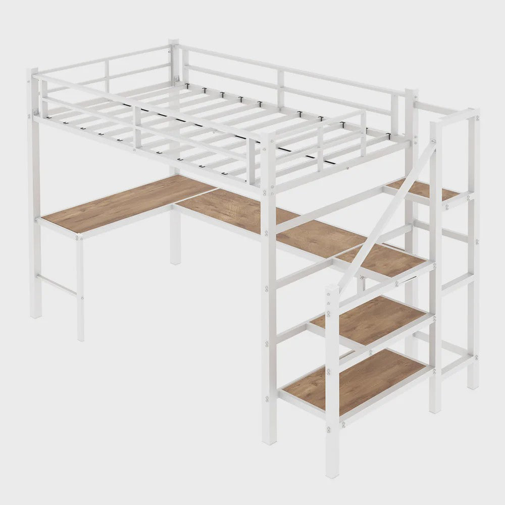 Ruimtebesparend 90x190cm Hoogslaper met L-vormig Bureau, Trap, Opslag & Veiligheidshek