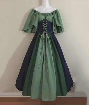 Middeleeuwse Retro Jurk met Contrastkleuren en Off-Shoulder Halslijn