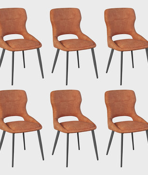 Set van 6 Luxe Eetkamerstoelen - Chenille Bekleding, Holle Rug & Metalen Poten