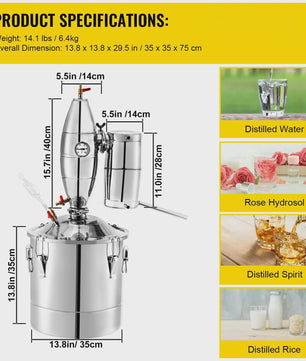 VEVOR Roestvrij Staal Alcohol Distilleerder Kit - 20L/30L/50L/70L - Voor Wijn, Bier & Moonshine