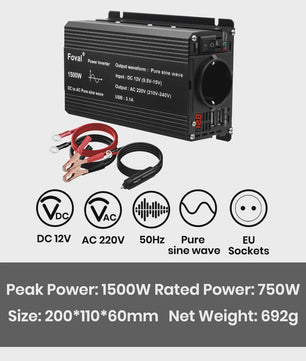 Pure Sine Wave Omvormer 12V DC naar 230V AC - 1500W tot 3000W met EU Stopcontact & USB