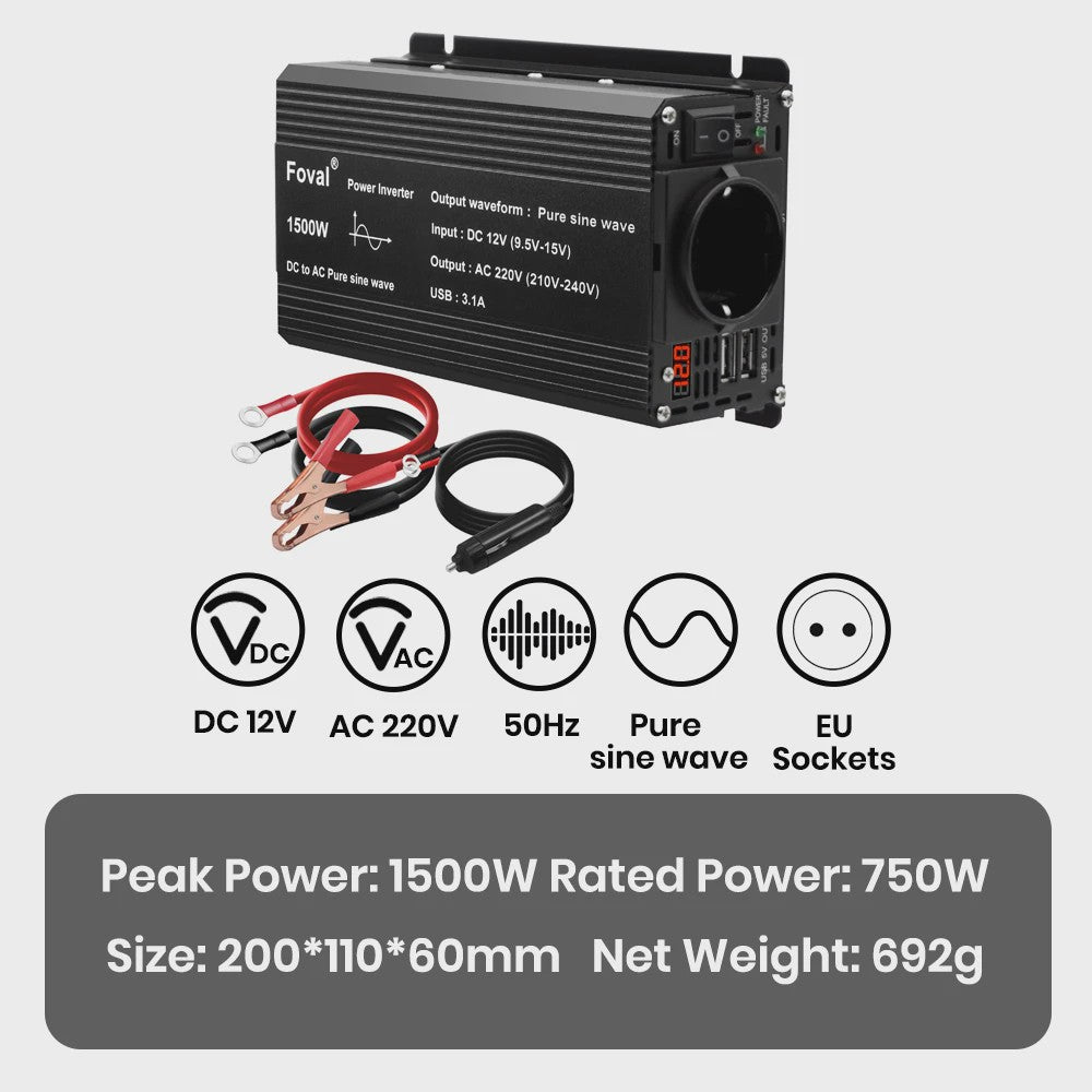Pure Sine Wave Omvormer 12V DC naar 230V AC - 1500W tot 3000W met EU Stopcontact & USB