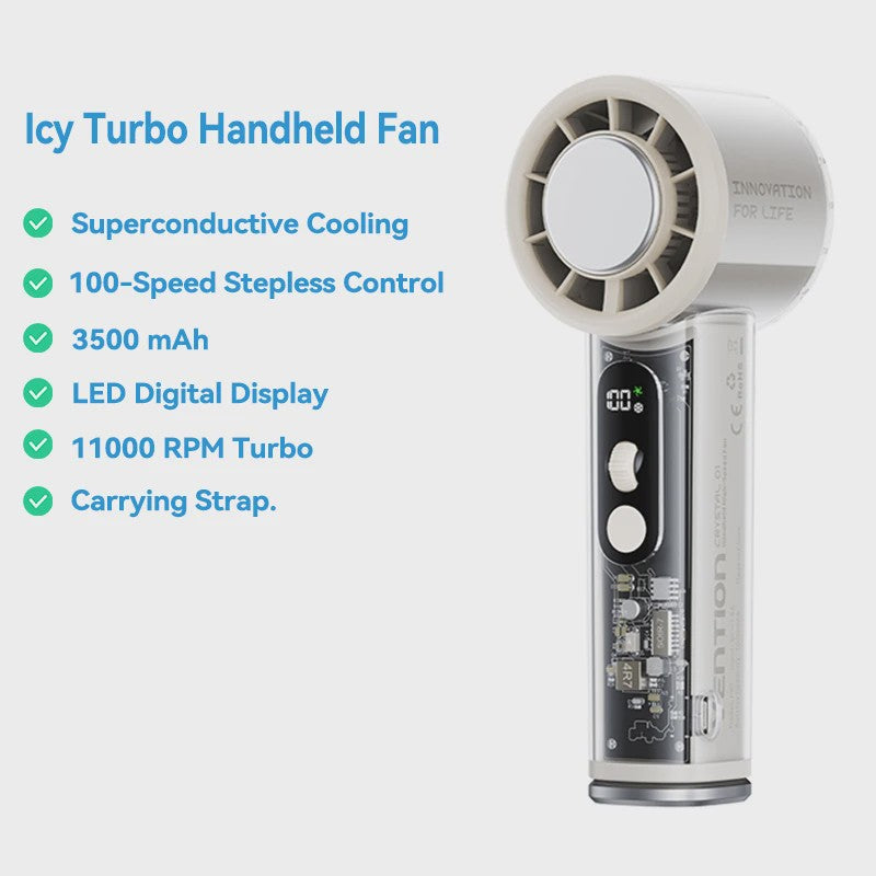 Vention Turbo Handheld Fan: Draagbare Ventilator met Supergeleidende Koeling, 11000 RPM & LED Display