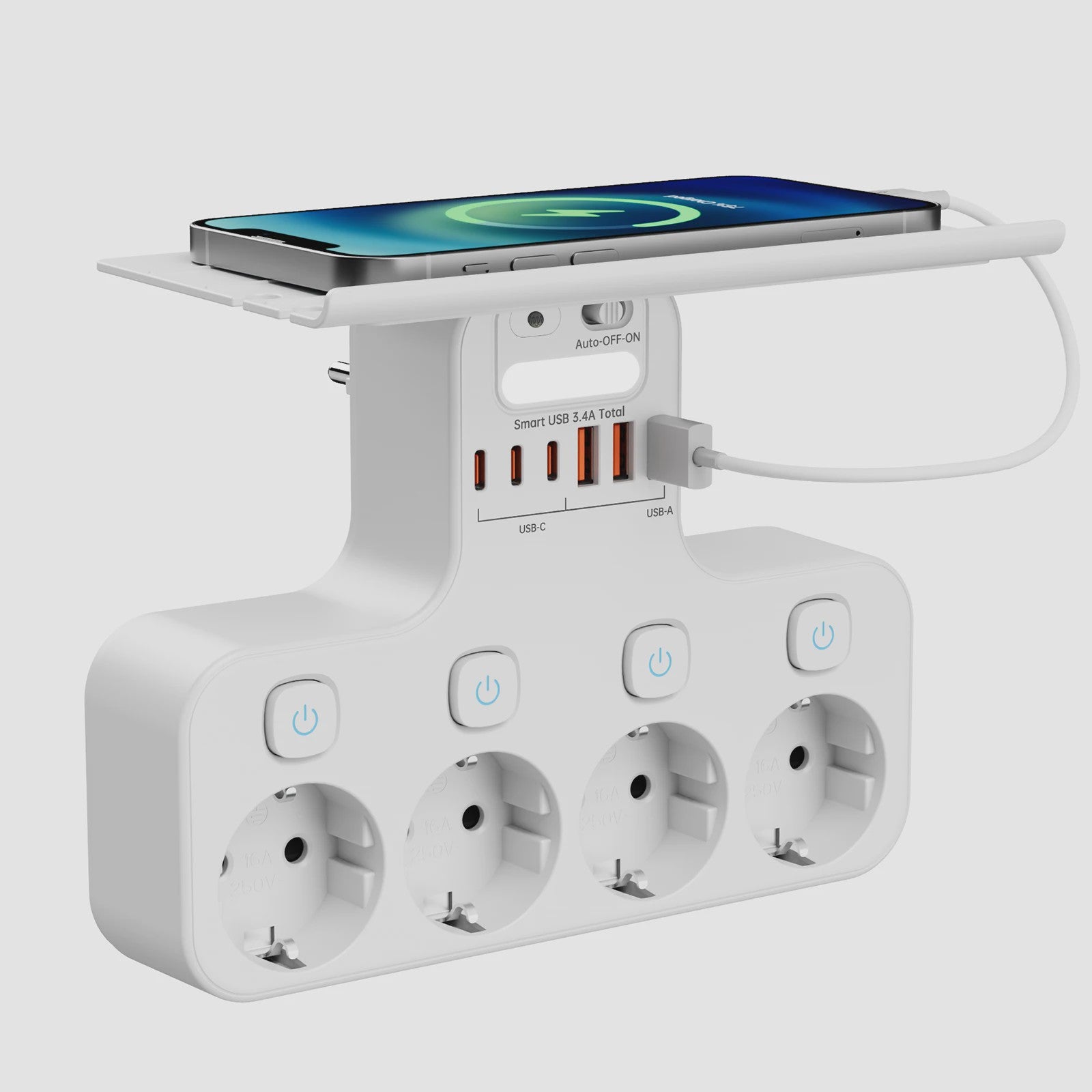 Multifunctionele Stekkerdoos met Telefoonhouder, 4 Stopcontacten en 6 USB-poorten