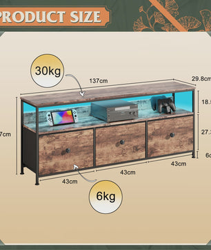 Vintage TV Meubel met LED Verlichting en 3 Stoffen Lades - Industrieel Design