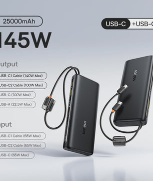 Baseus 145W Powerbank 25000mAh met Ingebouwde Type-C Kabels - Snel Laden voor Laptop, Tablet & Smartphone