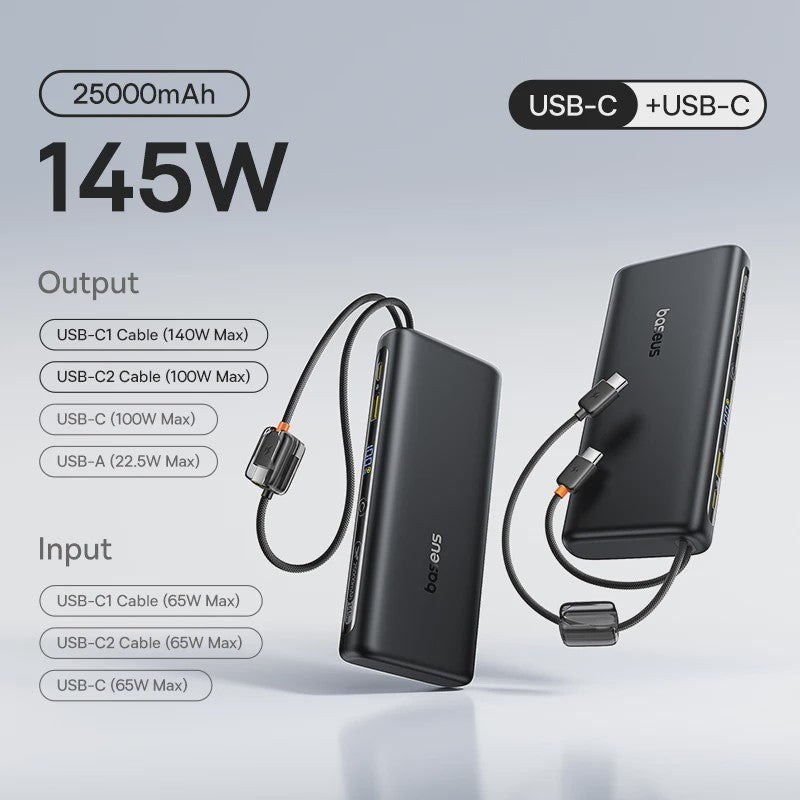 Baseus 145W Powerbank 25000mAh met Ingebouwde Type-C Kabels - Snel Laden voor Laptop, Tablet & Smartphone