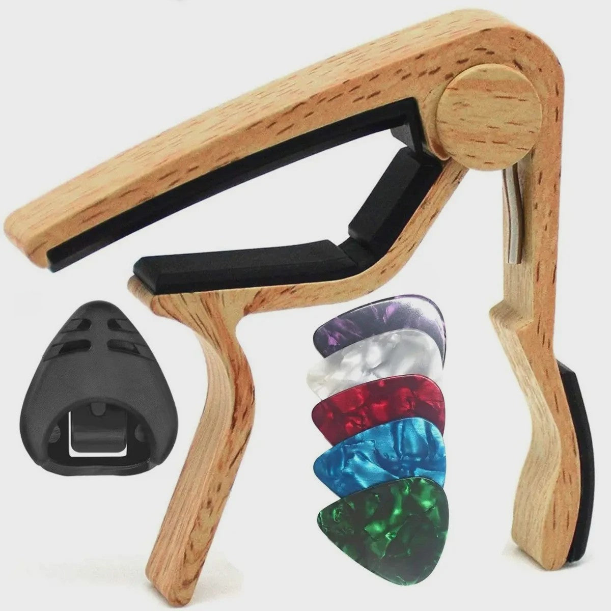 7-delige Gitaar Capo Set met 5 Picks en Houder - Zwart & Zilver