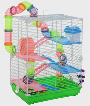 Ruime Hamsterkooi met Tunnels, Platforms, Wieltje en Accessoires (46x30x58 cm)