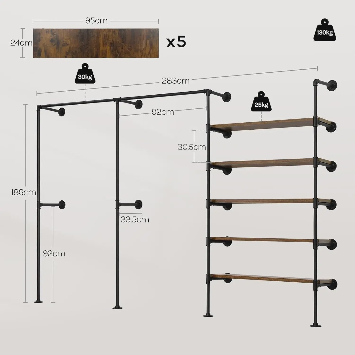 Industriële Wandkapstok met Open Kledingrek en MDF Planken