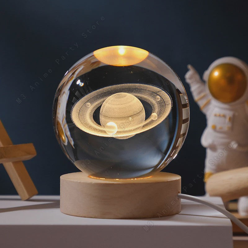 Uniek 3D Kristallen Bol Nachtlampje met LED - Galaxy, Saturnus & Maan Designs - Sfeervolle Decoratie