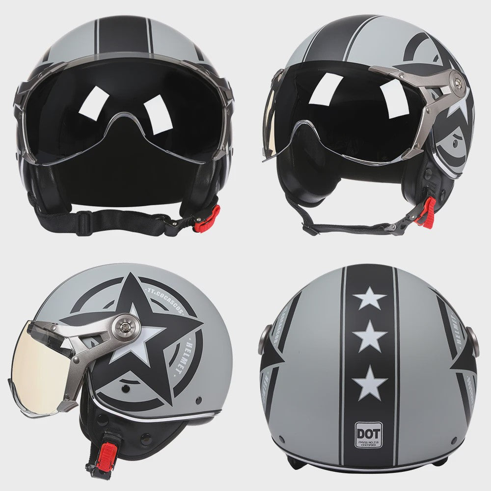 Retro Jethelm Open Face Motorhelm met Afneembaar Vizier - Vintage Scooter & Vespa Helm
