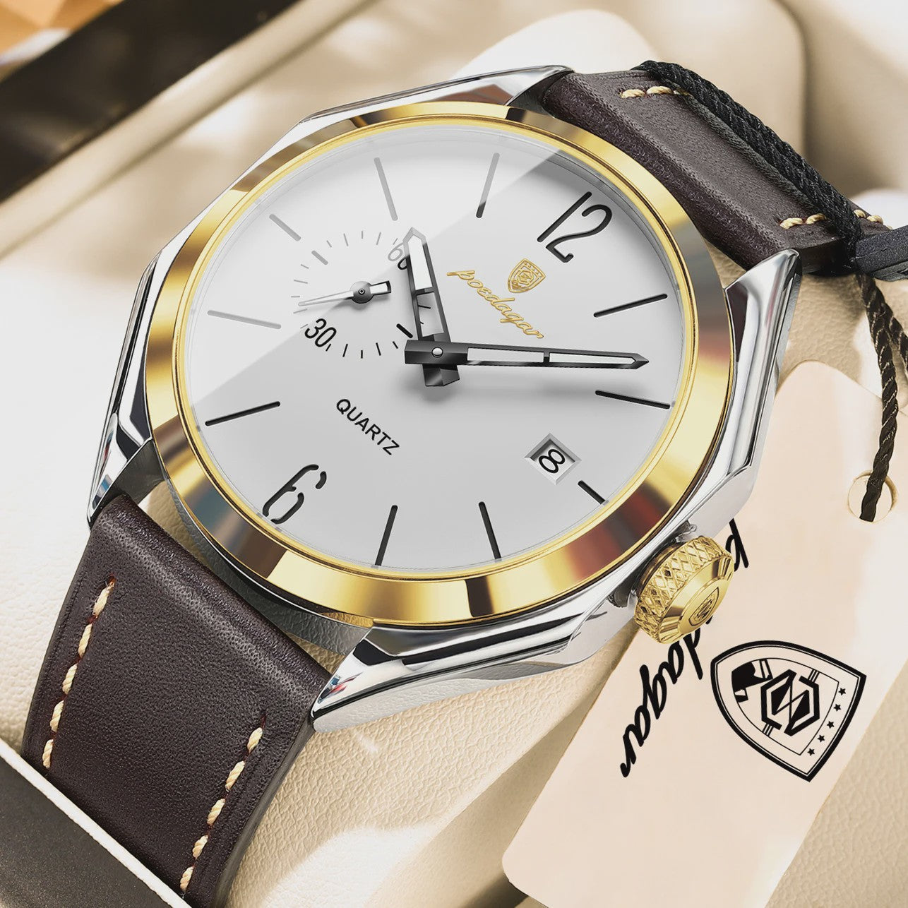 POEDAGAR Herenhorloge Leer - Zakelijk & Casual Kwarts Horloge met Datum & Waterdicht