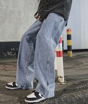 Streetwear Jeans Heren: Loose Fit, Wide Leg, Koreaanse Stijl - Zwart & Lichtblauw