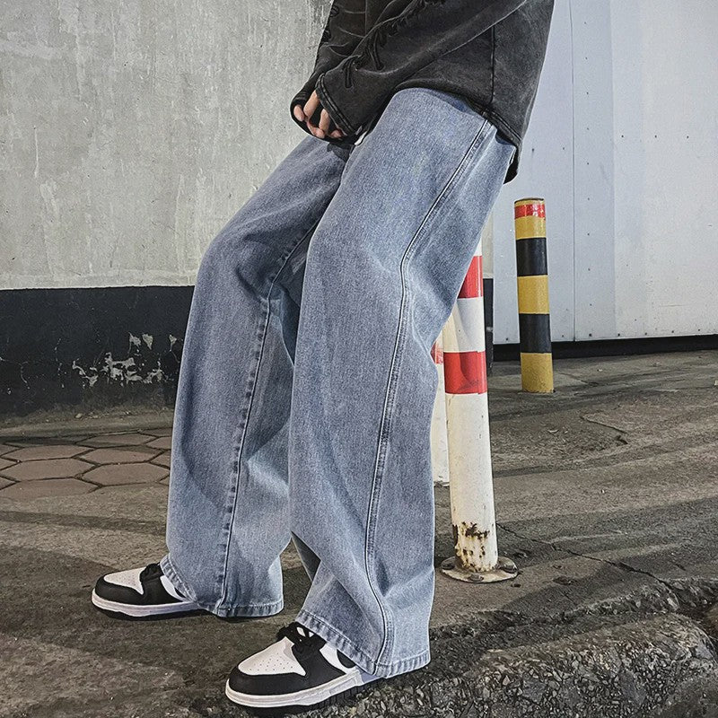 Streetwear Jeans Heren: Loose Fit, Wide Leg, Koreaanse Stijl - Zwart & Lichtblauw