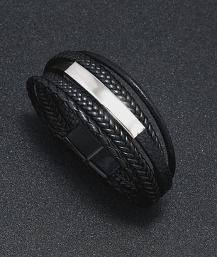 Trendy Heren Leren Armband - RVS & Gevlochten Touw, 21cm