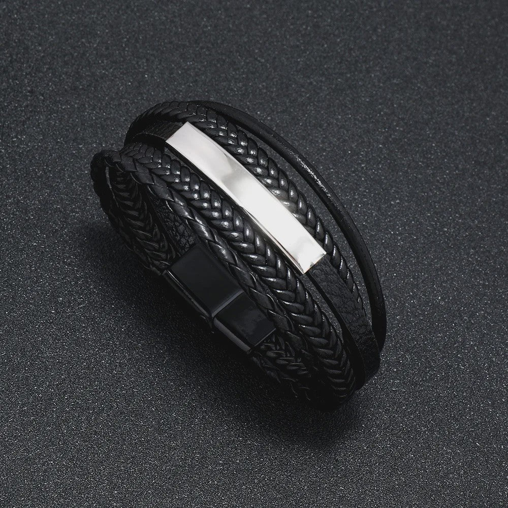 Trendy Heren Leren Armband - RVS & Gevlochten Touw, 21cm