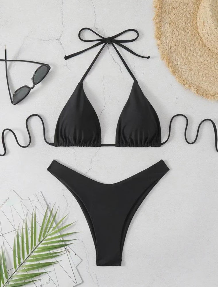 Dames Bikini Thong - Sexy Braziliaanse Stijl met Halter en Vetersluiting - Verkrijgbaar in Wit, Zwart & Koffie
