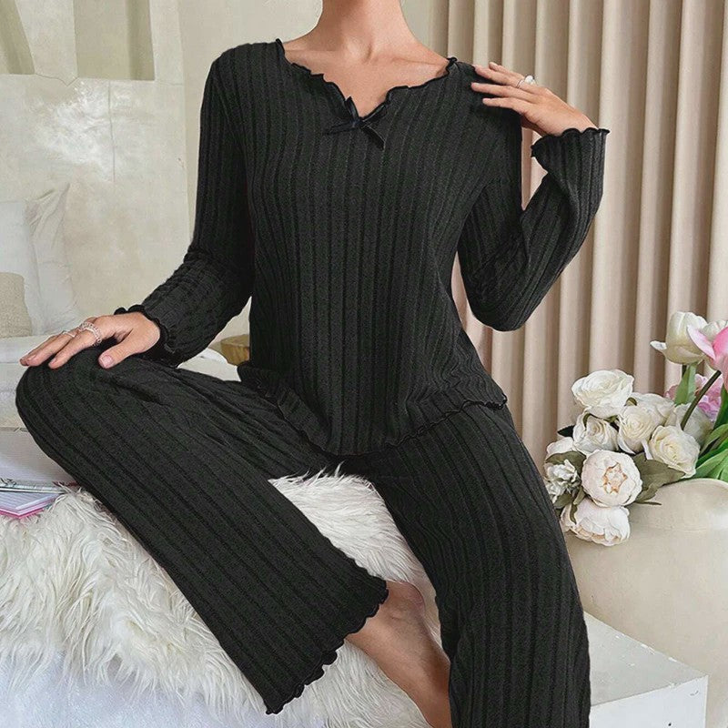 Dames Pyjama Set Ribbel Gebreid met Strikje en Volantrand - Comfortabele Loungewear