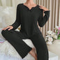 Dames Pyjama Set Ribbel Gebreid met Strikje en Volantrand - Comfortabele Loungewear