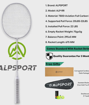 ALPSPORT RR Carbon Fiber Badminton Racket Set (2 stuks) - Offensief, 26LBS, Inclusief Tas & Shuttlecock - Ideaal voor Tieners