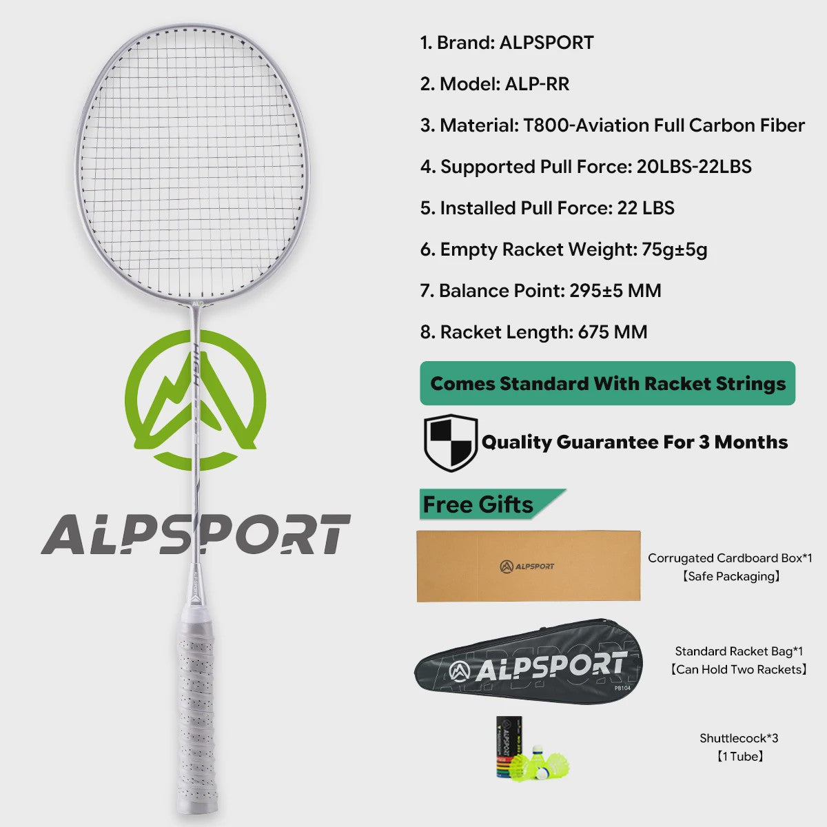 ALPSPORT RR Carbon Fiber Badminton Racket Set (2 stuks) - Offensief, 26LBS, Inclusief Tas & Shuttlecock - Ideaal voor Tieners