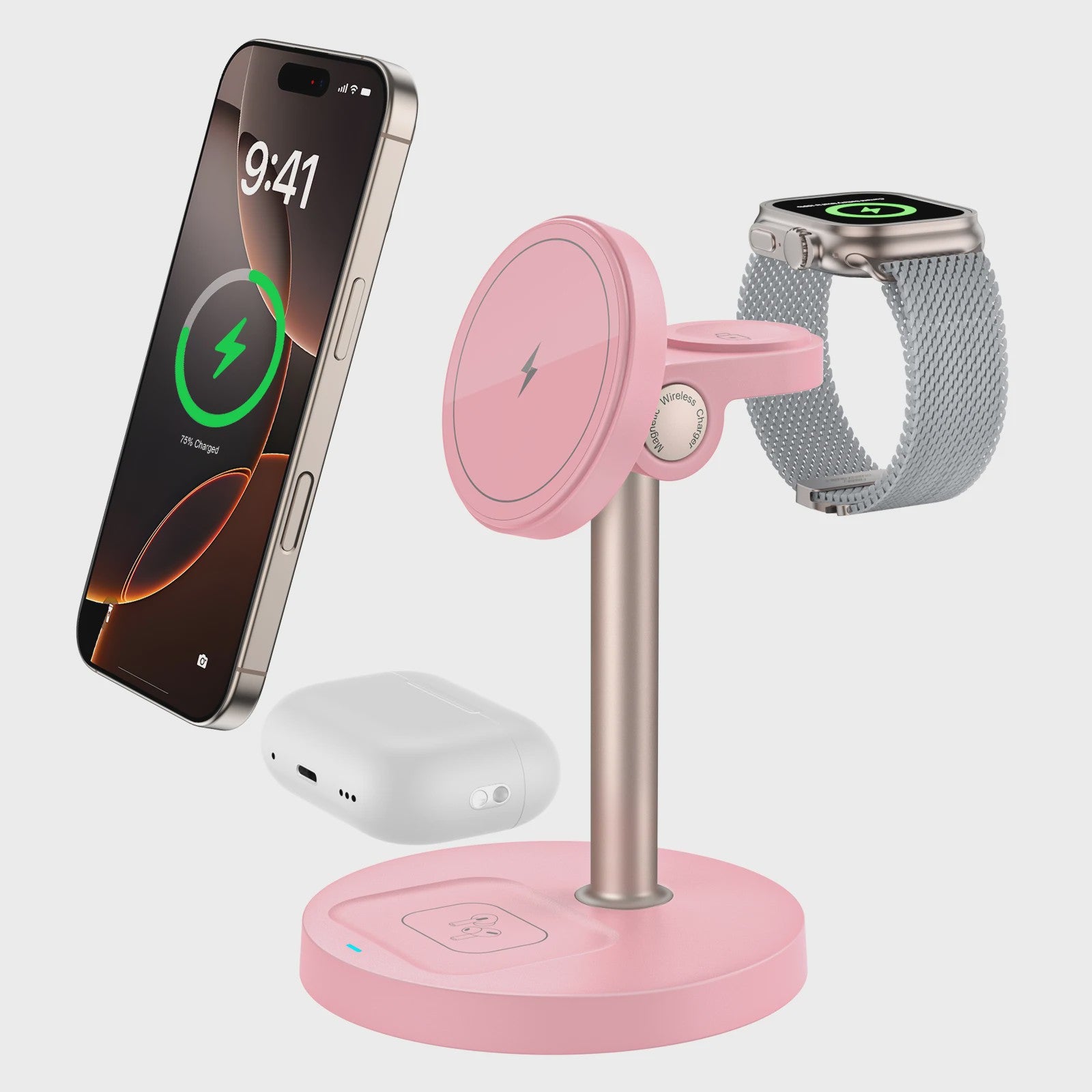 3-in-1 Magnetische Draadloze Oplader Stand voor iPhone, Apple Watch & AirPods - 15W Fast Charge