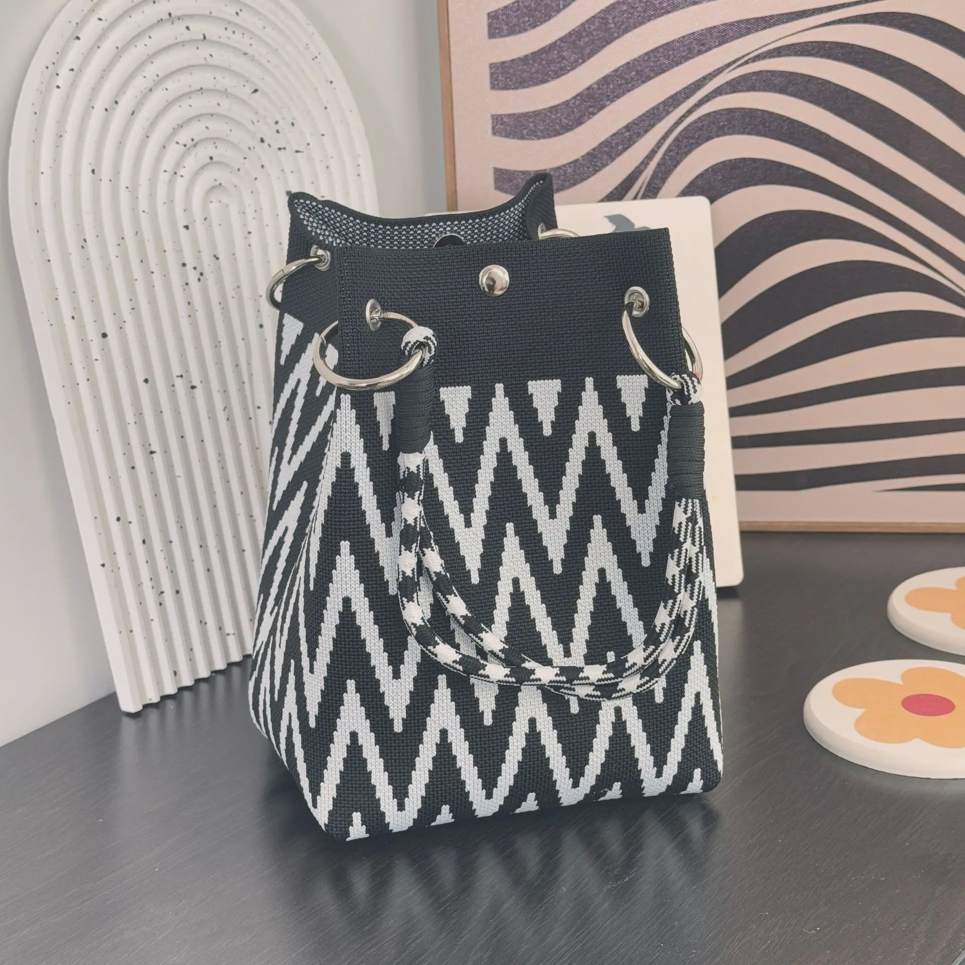 Mini Gebreide Bucket Bag Dames - Kleurrijk Colorblock Polstasje met Afneembare Handgreep