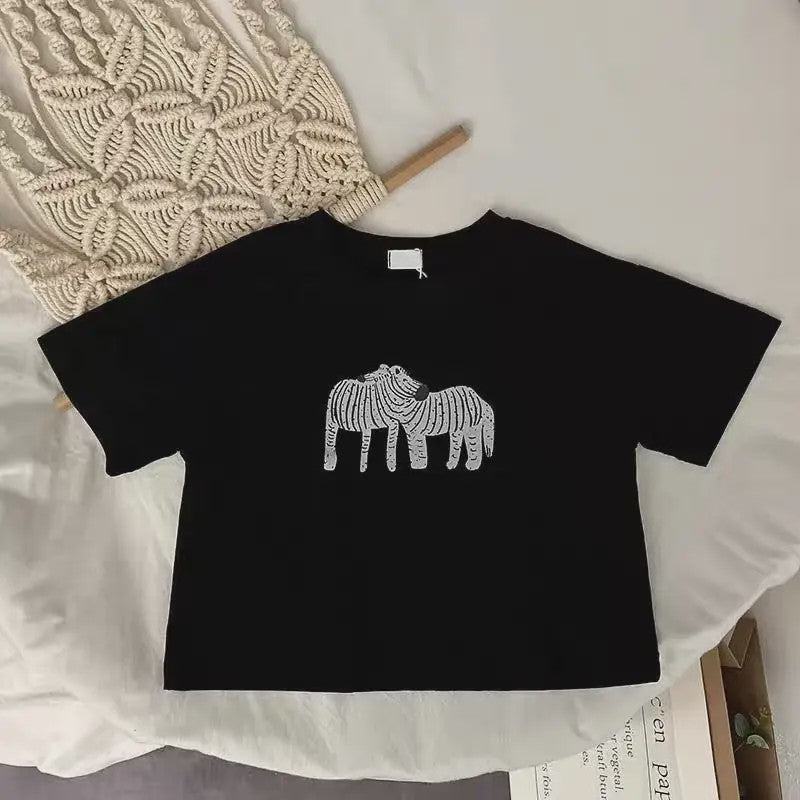 Trendy Kinder T-shirt met Dierenprint - Korte Mouw Zomer Kleding